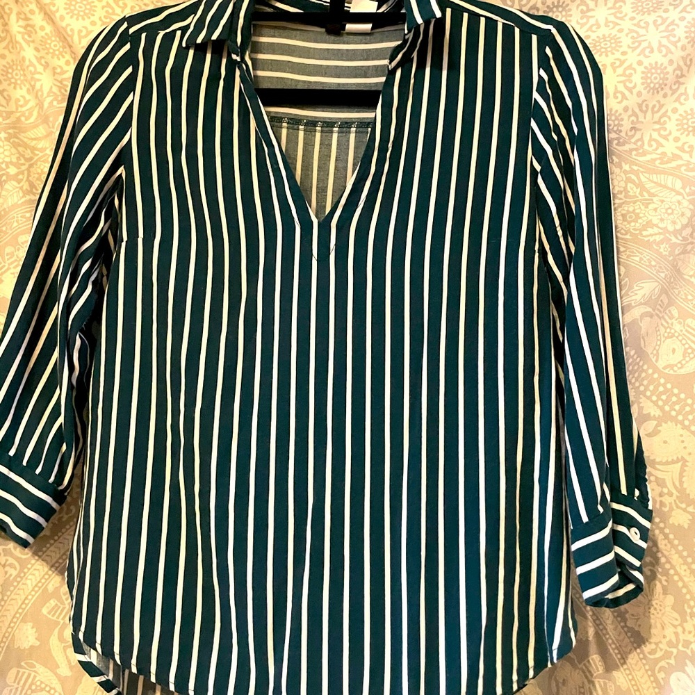 Green and White striped collared shirt